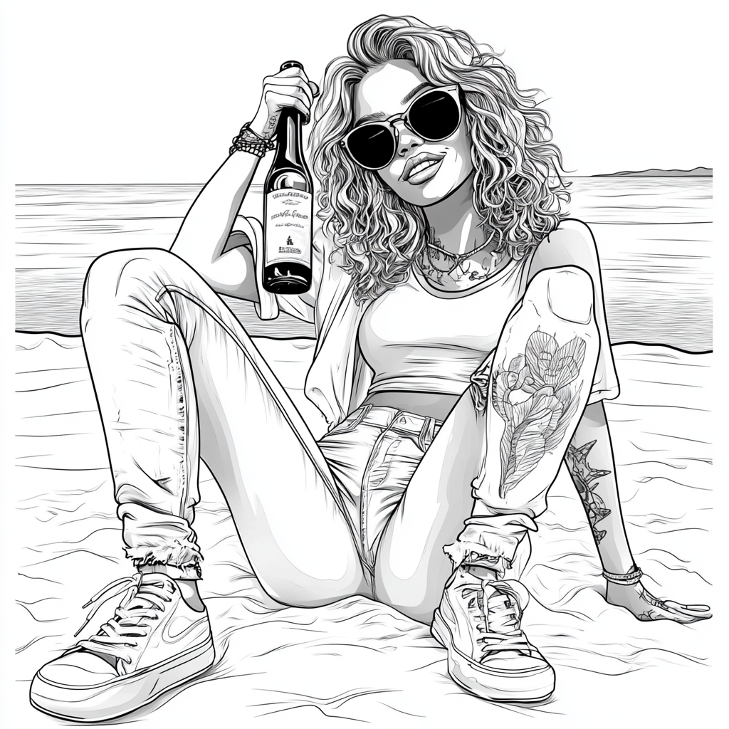 A lady enjoying sunset at beach vector drawing