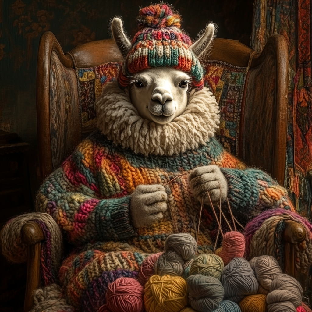 A lama knitting in a cozy chair