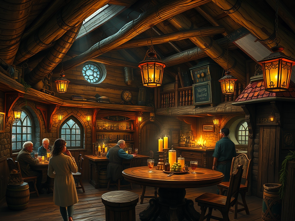 A large, cozy, realistic tavern with a steampunk theme.