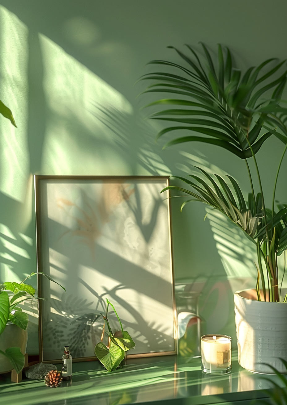 A large empty frame on dresser with candle.