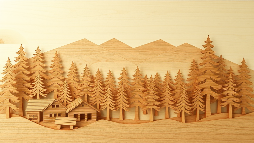 A laser-cut design of layered wood forest.