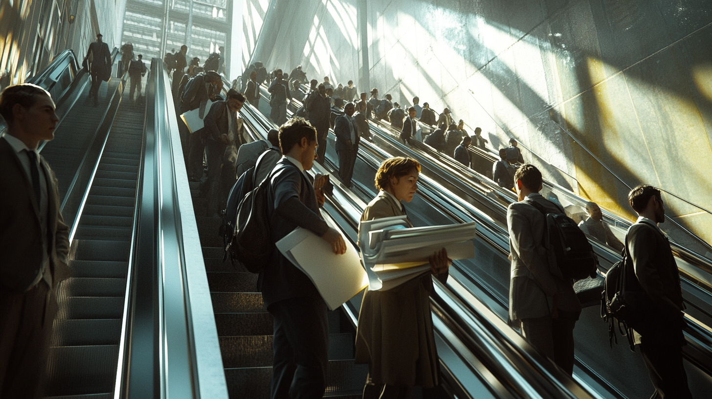 A line of tired office workers queue for escalator.