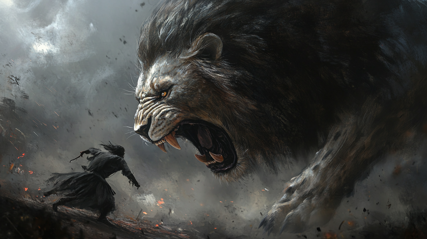 A lion attacking with mighty roar and sharp claws