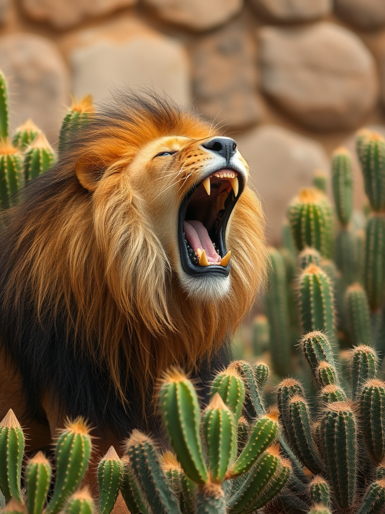 A lion with long hair in a cactus garden.