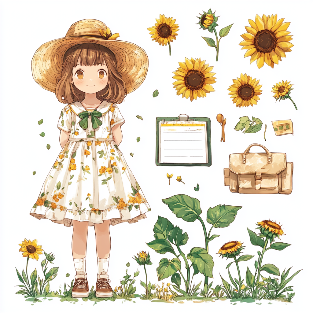 A little girl in a cute sundress, with sunflowers and stickers, in Peter Rabbit style, in a Japanese comic design.