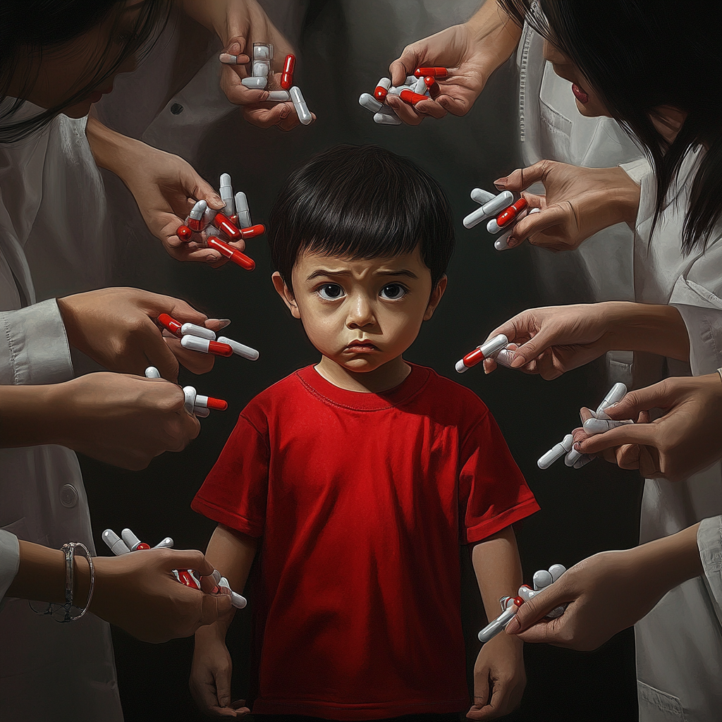 A little kid in red shirt with teachers and doctors