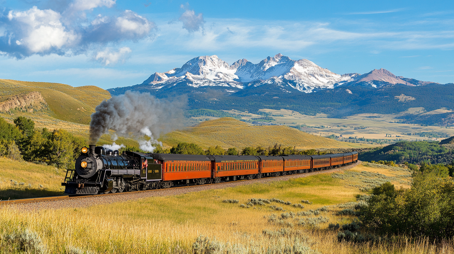 A long train travels through mountain landscape.