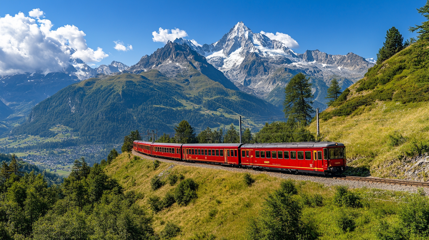 A long train travels through mountain with snowy peaks.