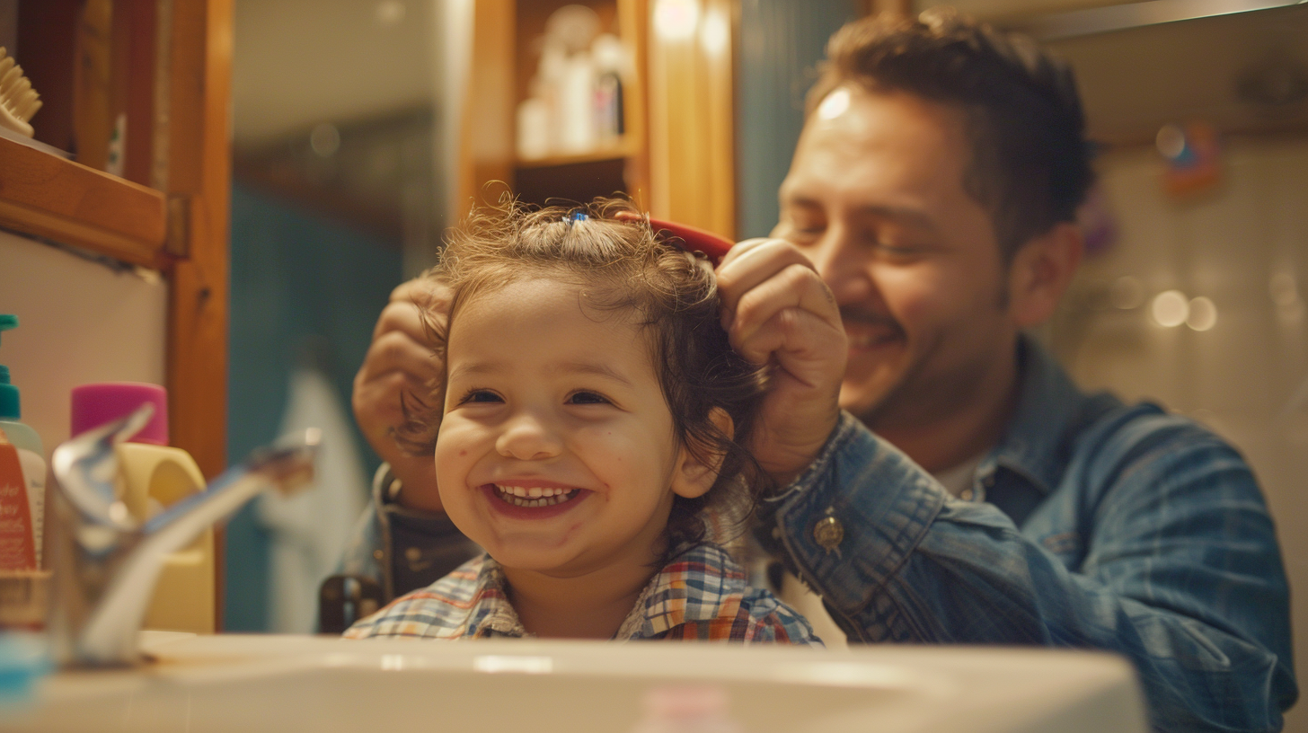 A loving dad styles daughter's hair, smiling