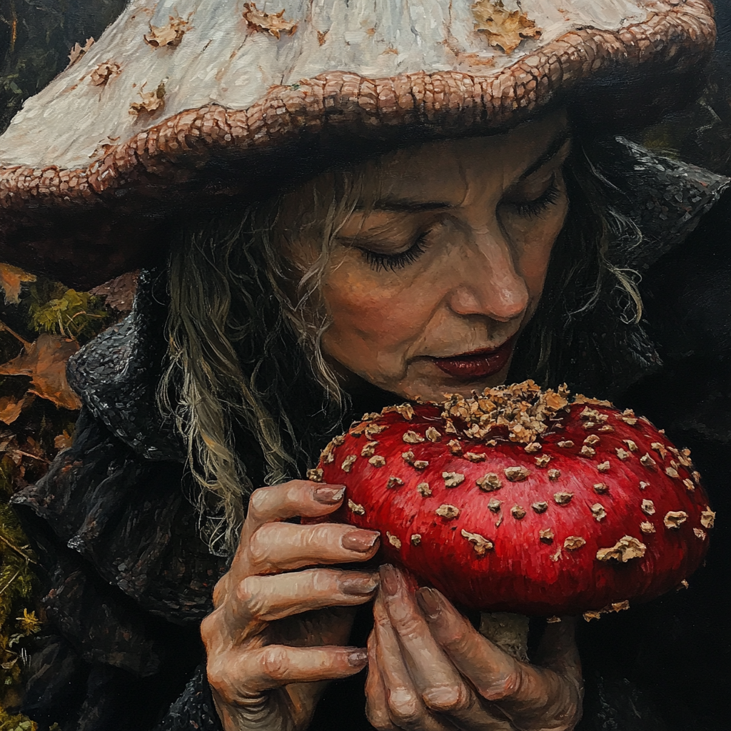 A loving witch in a medieval forest painting