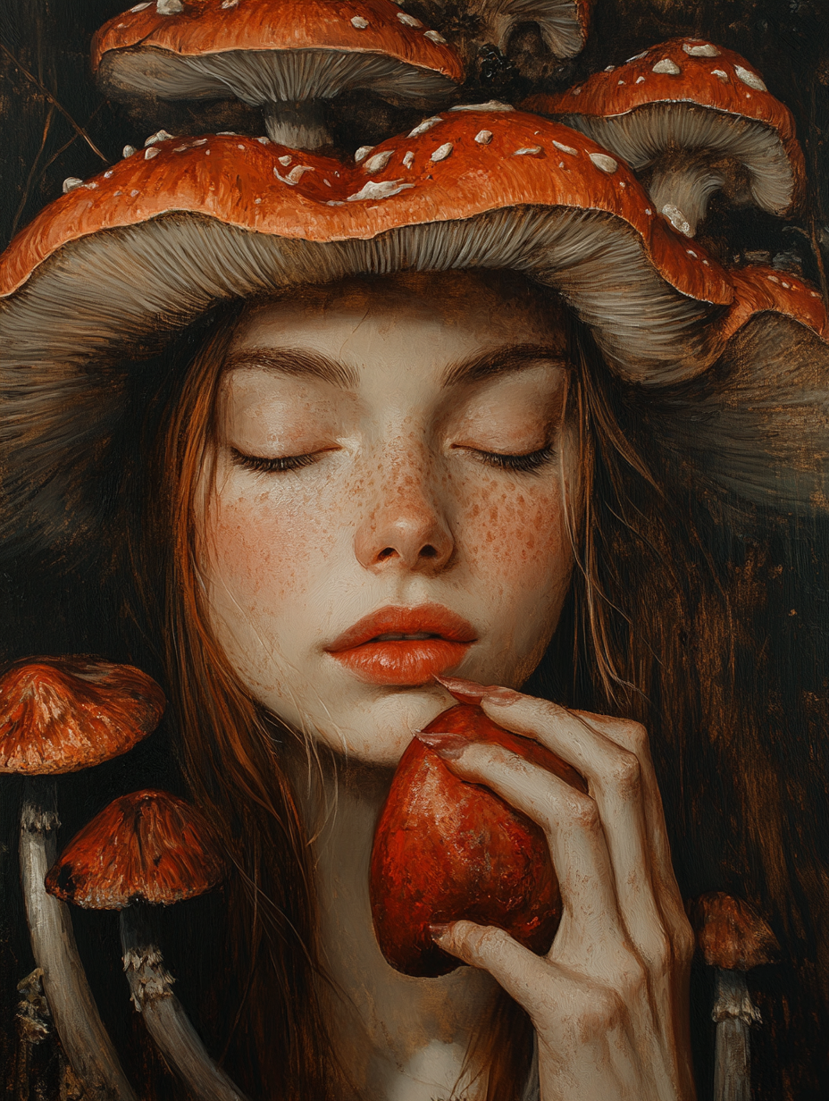 A loving witch with red mushroom in forest