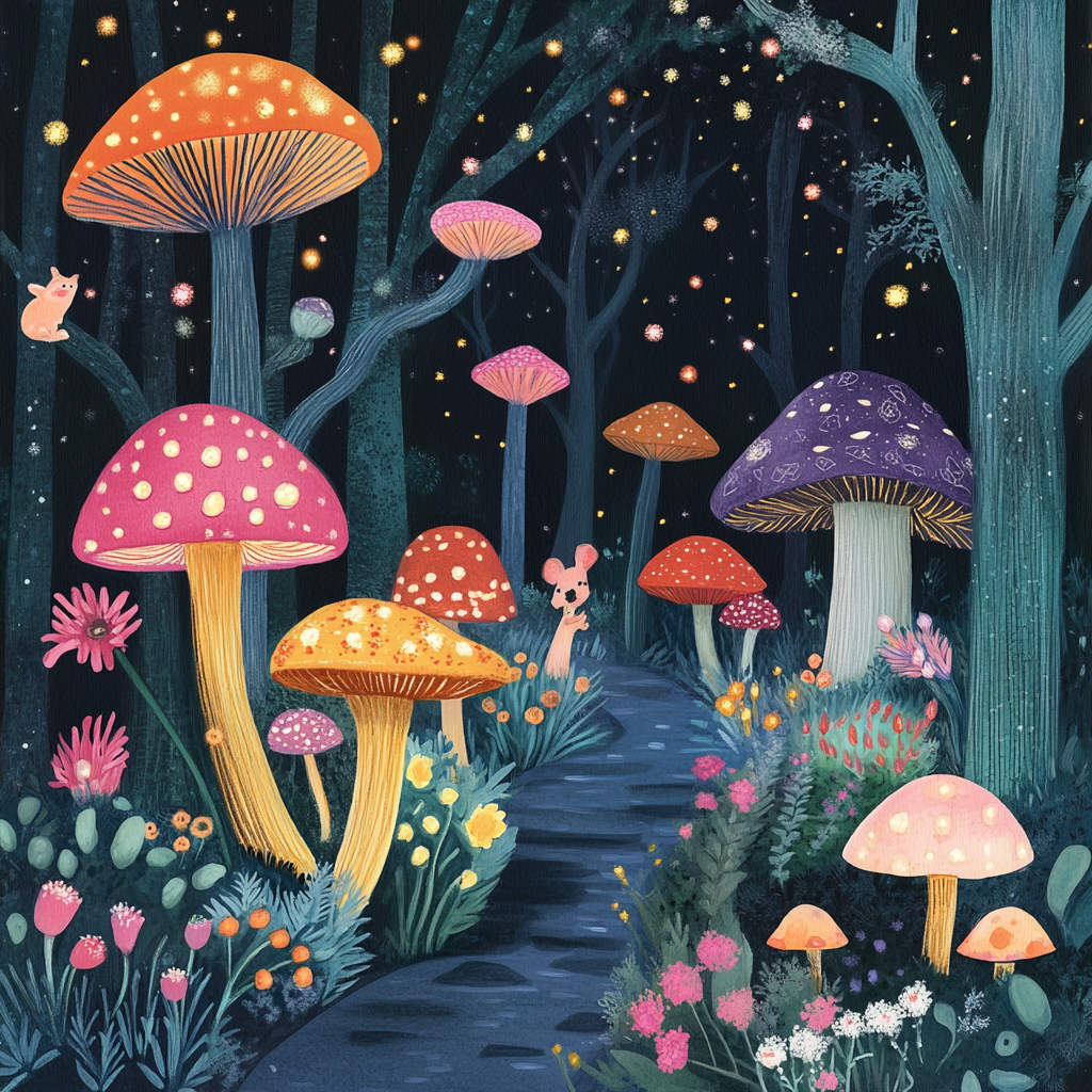 A magical forest with colorful mushrooms and animals