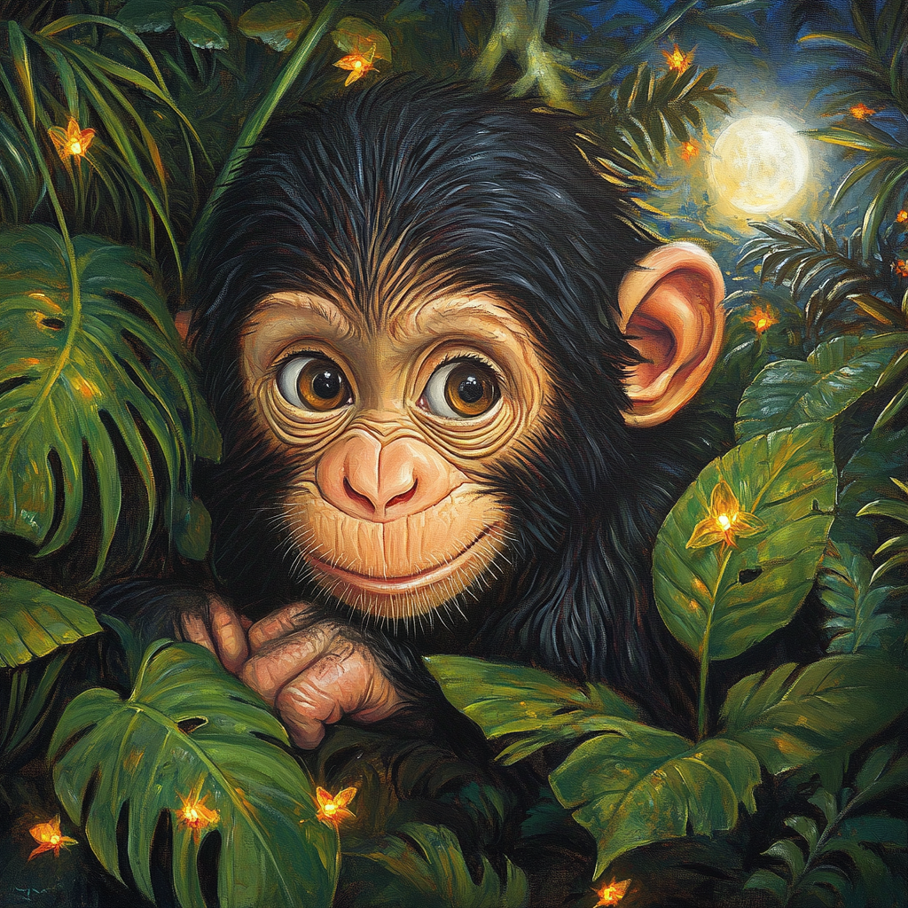 A magical jungle scene with baby chimpanzee