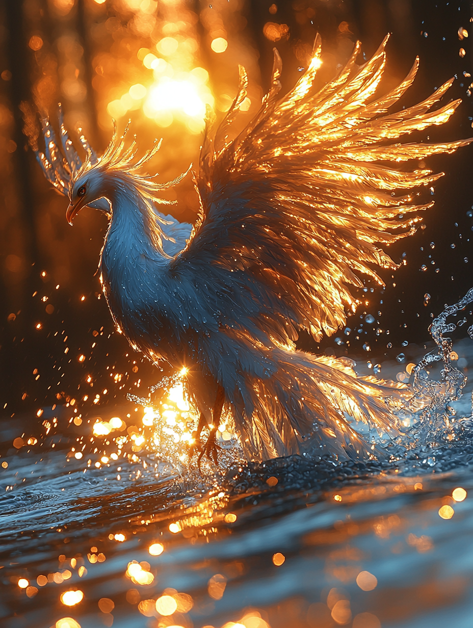 A majestic blue phoenix rises from river at sunrise