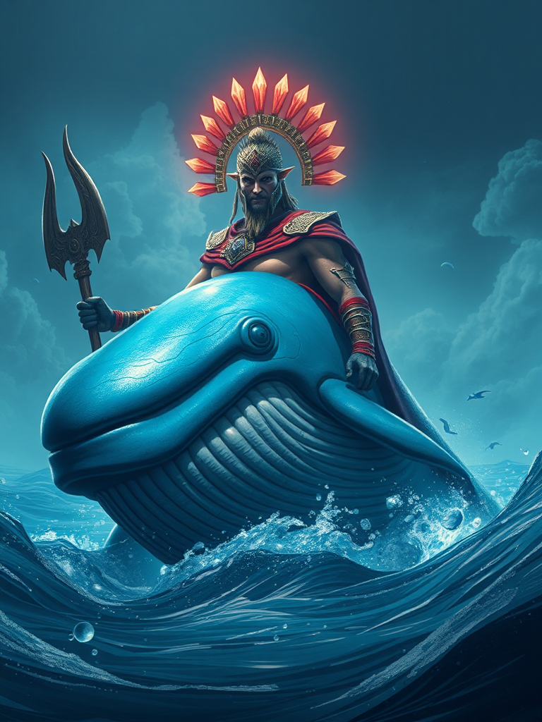 A majestic blue whale as a Titan warrior.