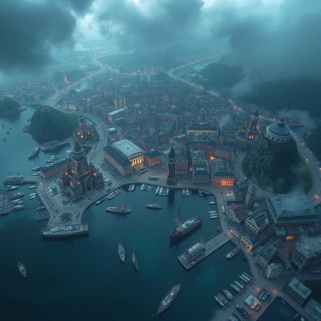 A majestic fantasy city's aerial view under clouds.