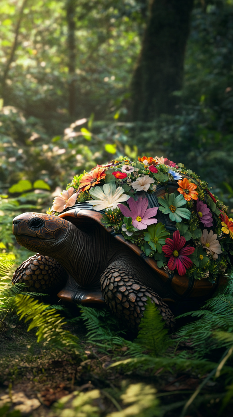 A majestic tortoise in a flower-filled forest