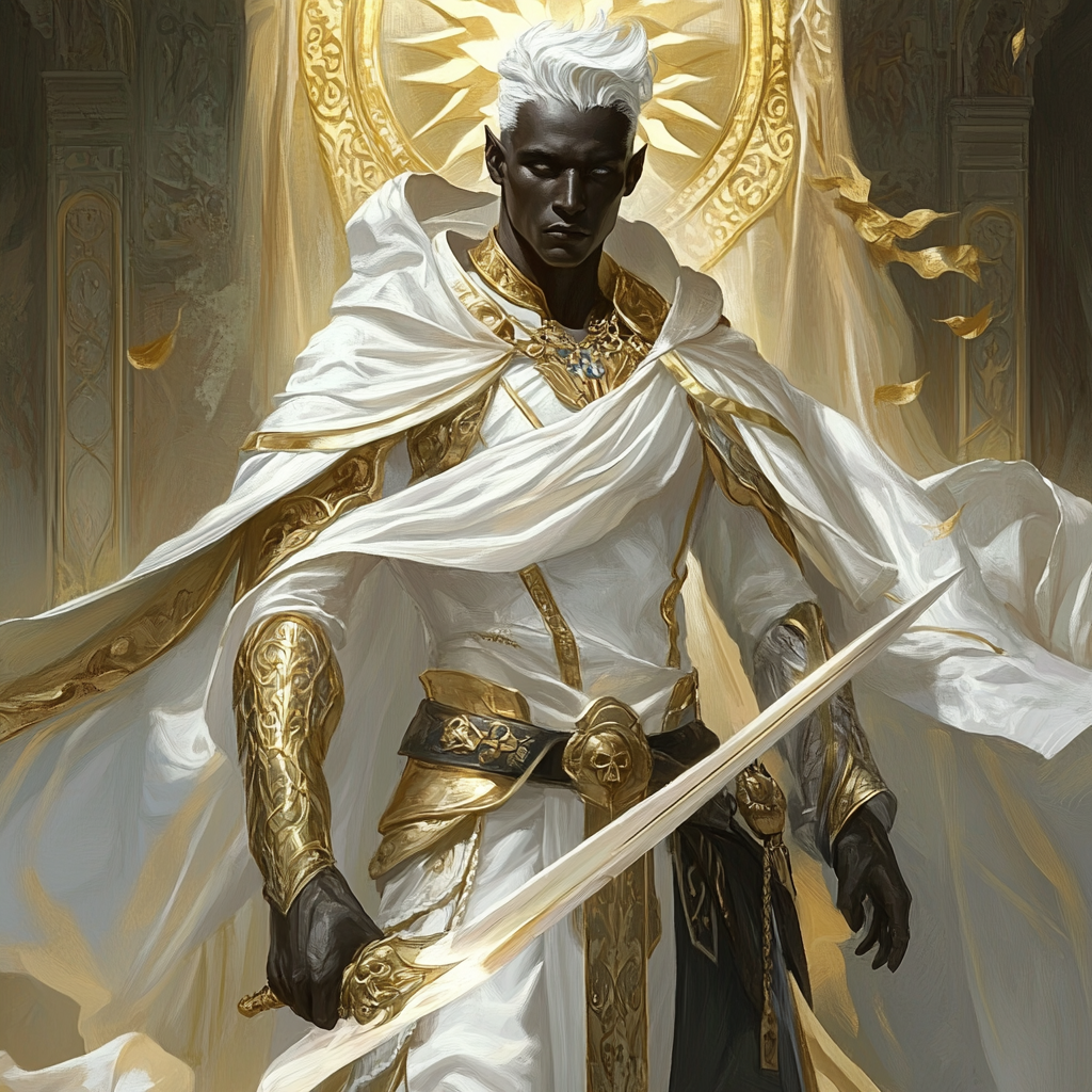 A male drow cleric of Pelor in robes