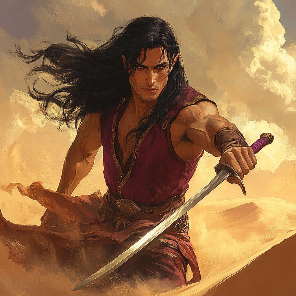 A male elf in desert, wielding sabre.