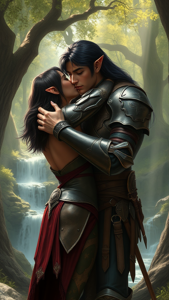 A male elf kisses female elf in armor.