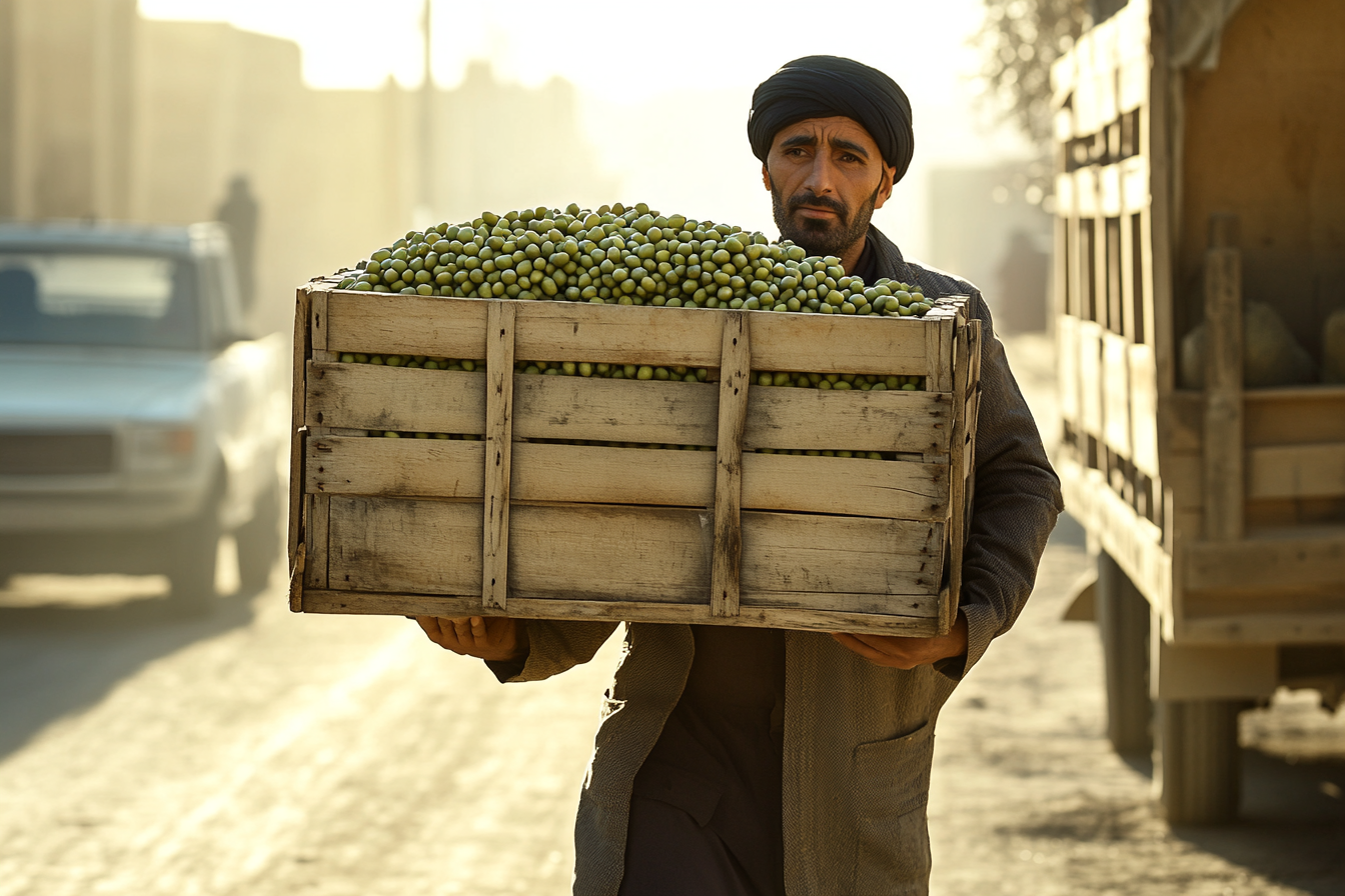 A male worker carrying olives in Iran.