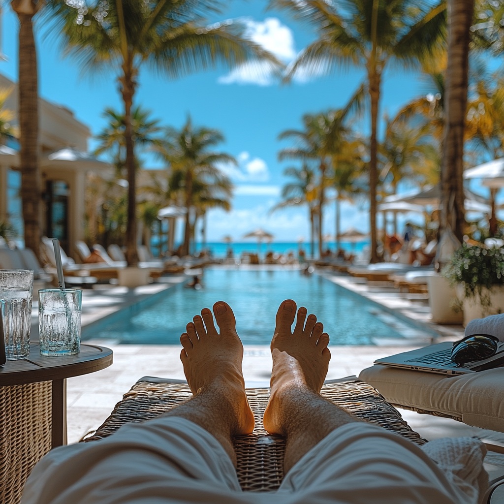 A man's feet on beach chair with laptop