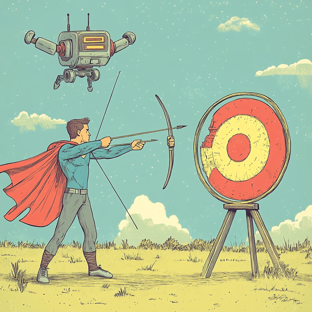 A man aiming bow while superhero robot flying.