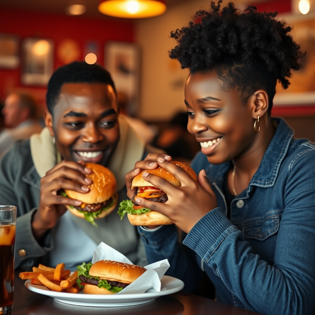 A man and woman eat burger in restaurant