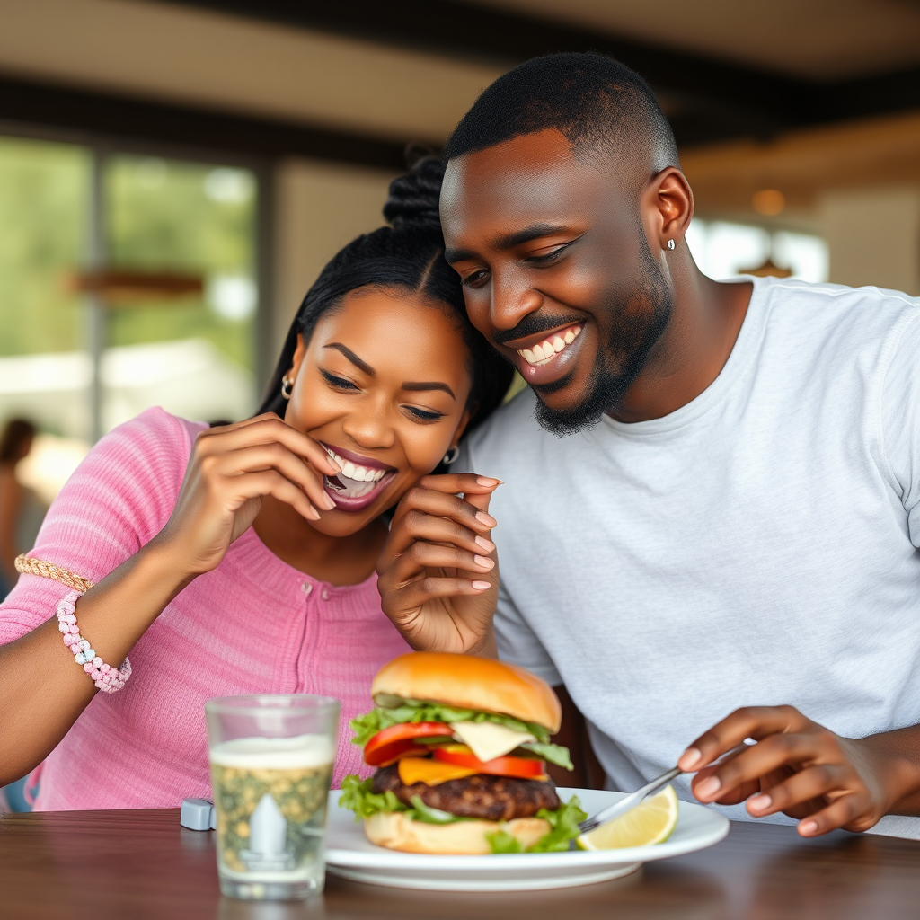 A man and woman eating burgers happily together.