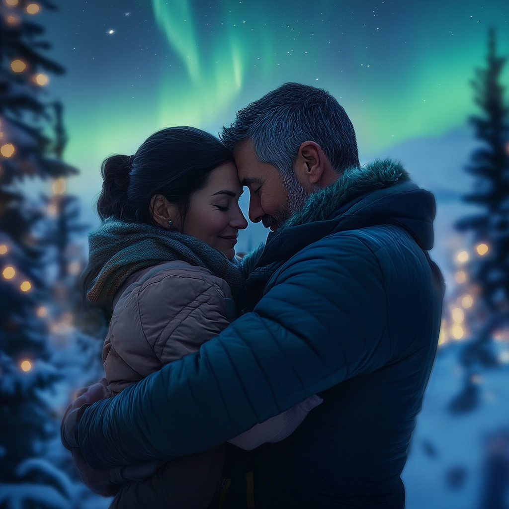 A man and woman watch northern lights happily.