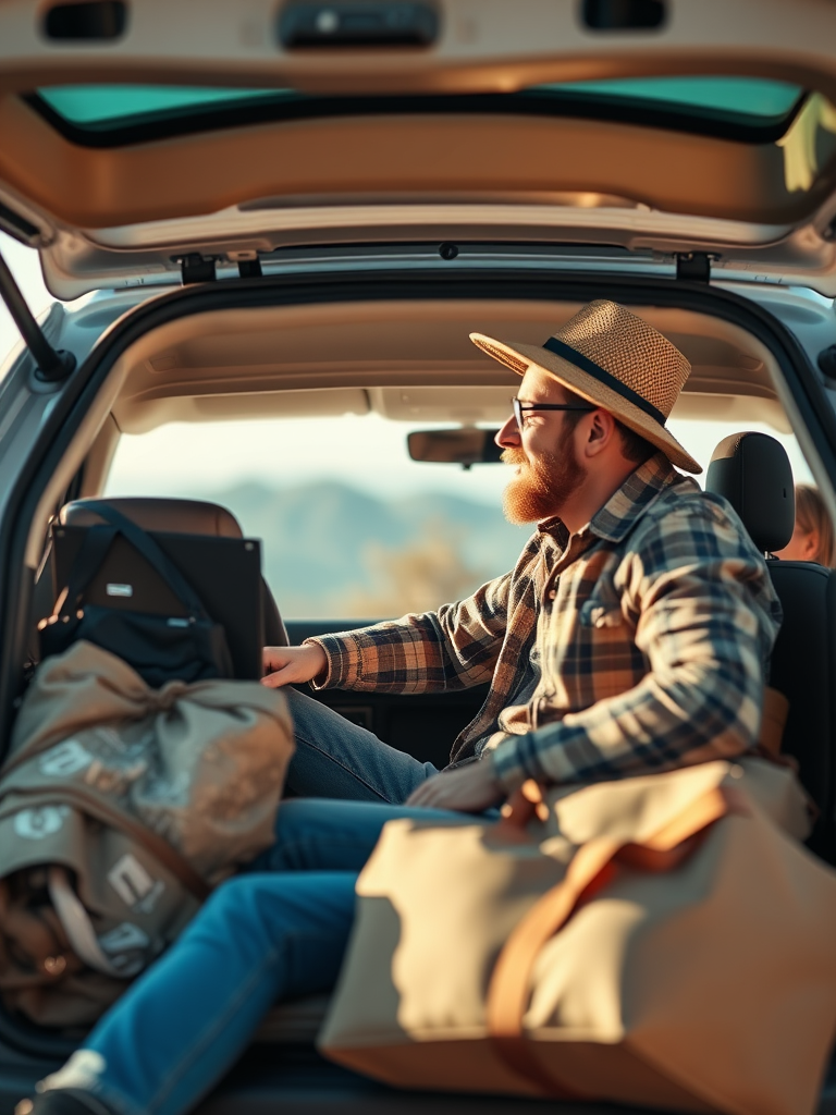 A man carefully packs car for vacation.