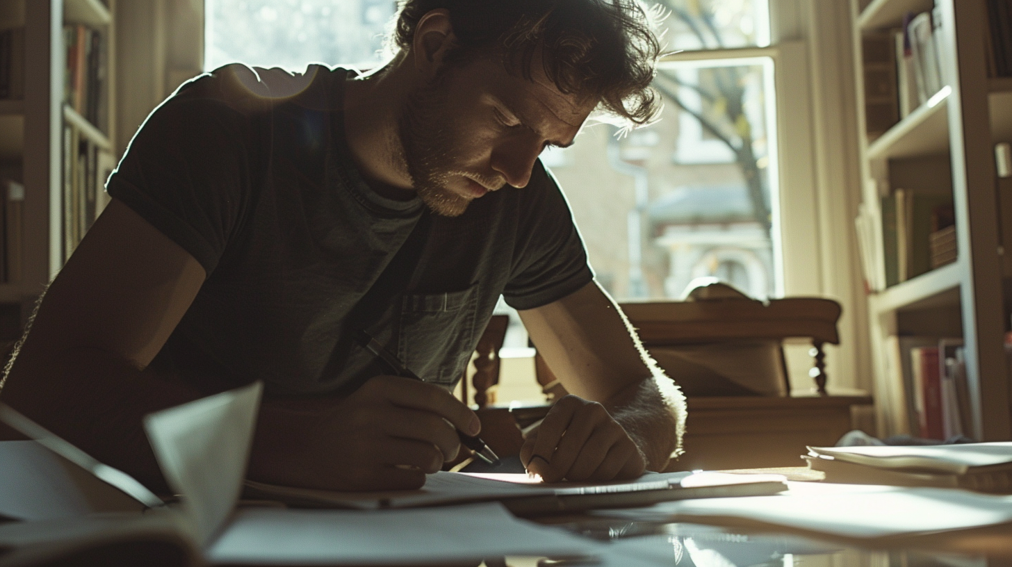 A man filling out papers under bright light