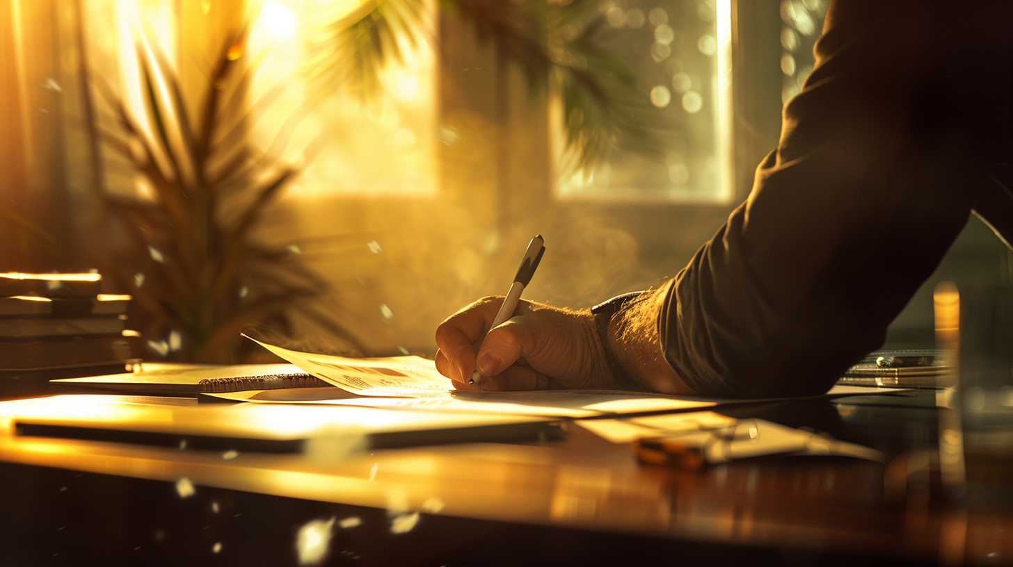 A man filling out papers under natural light