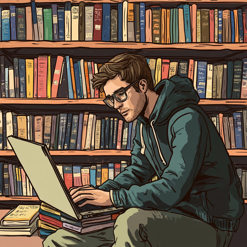 A man holds a programming language, by books.