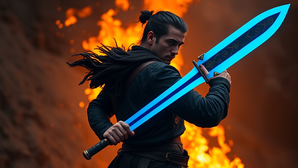 A man holds blue sword as fire blazes.