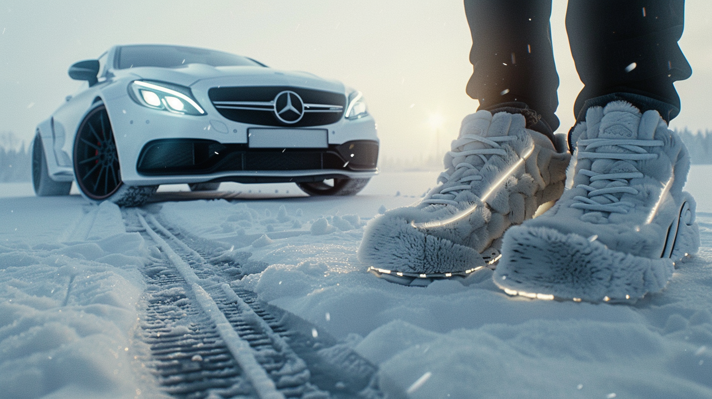 A man in Mercedes slippers on polar ice.