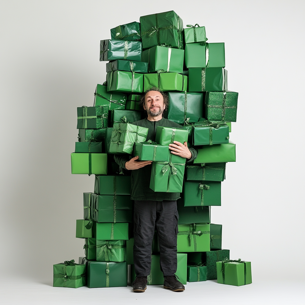 A man in Riga holds giant green gifts