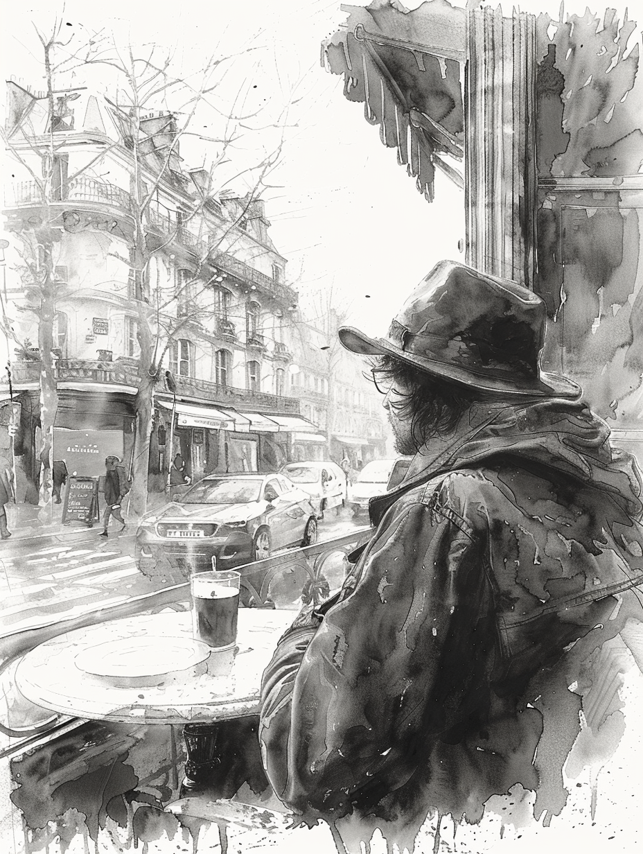 A man in a cafe looking at rain