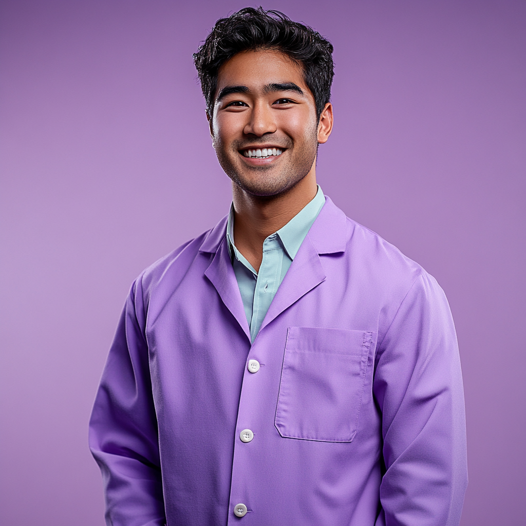 A man in a purple lab coat smiling