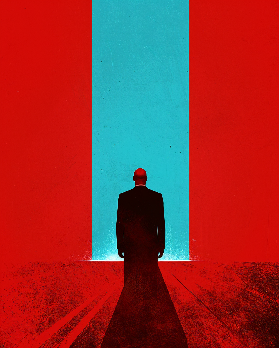 A man in a red road with blue light.