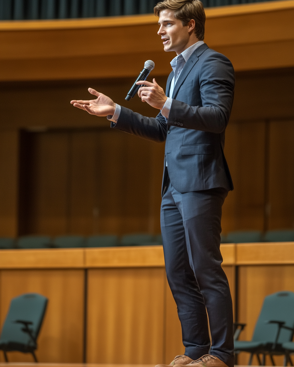 A man in a suit speaking on stage