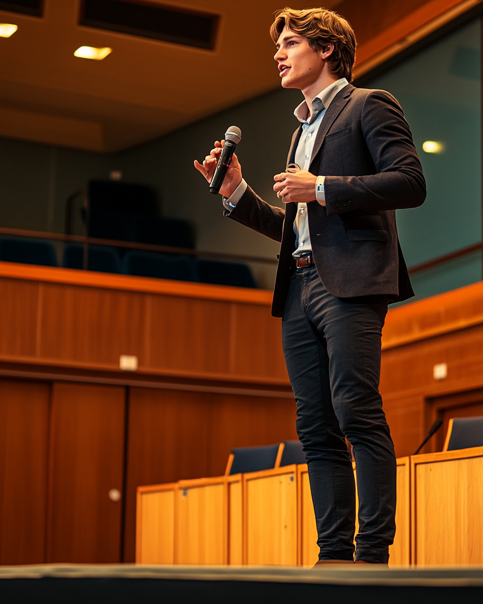 A man in a suit speaks on stage