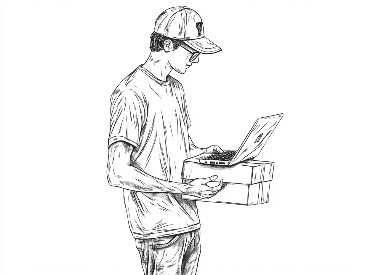 A man in baseball hat holds laptop & box.