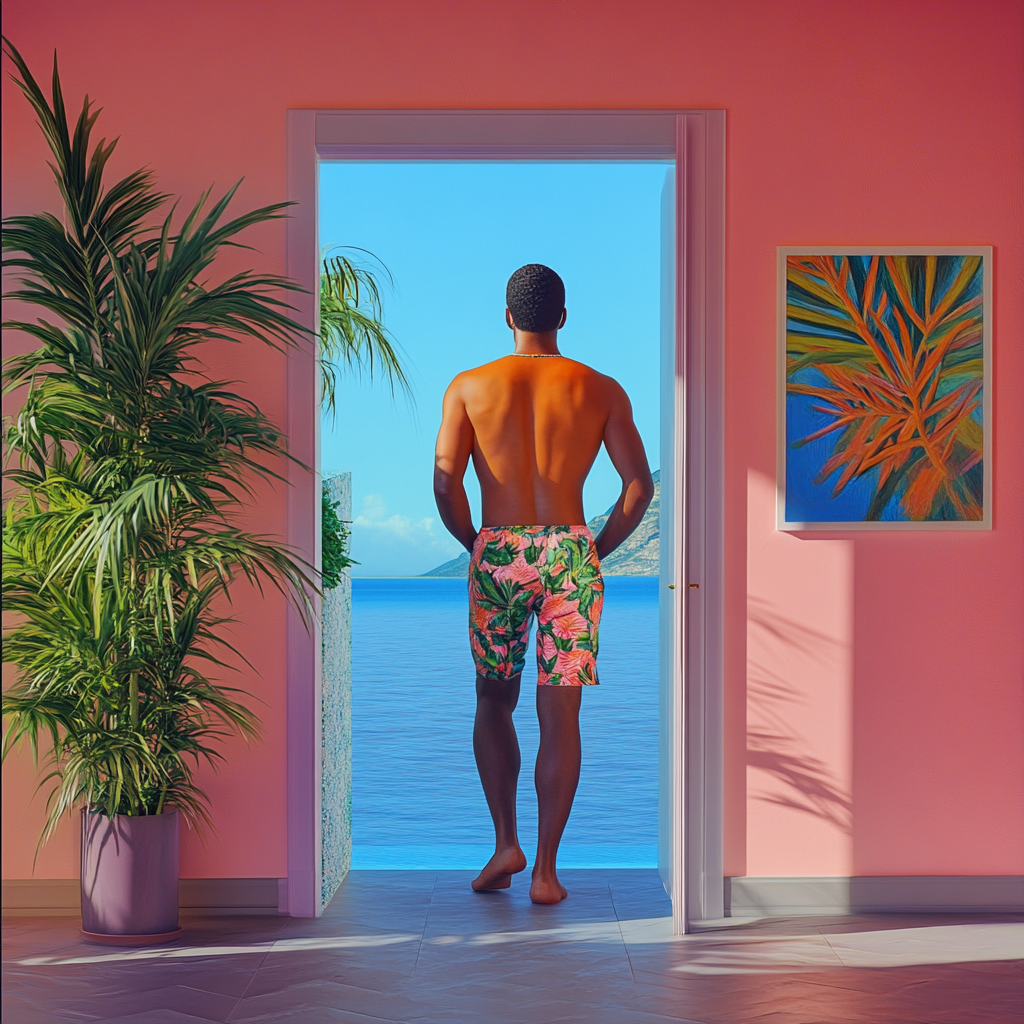 A man in beach attire opening door