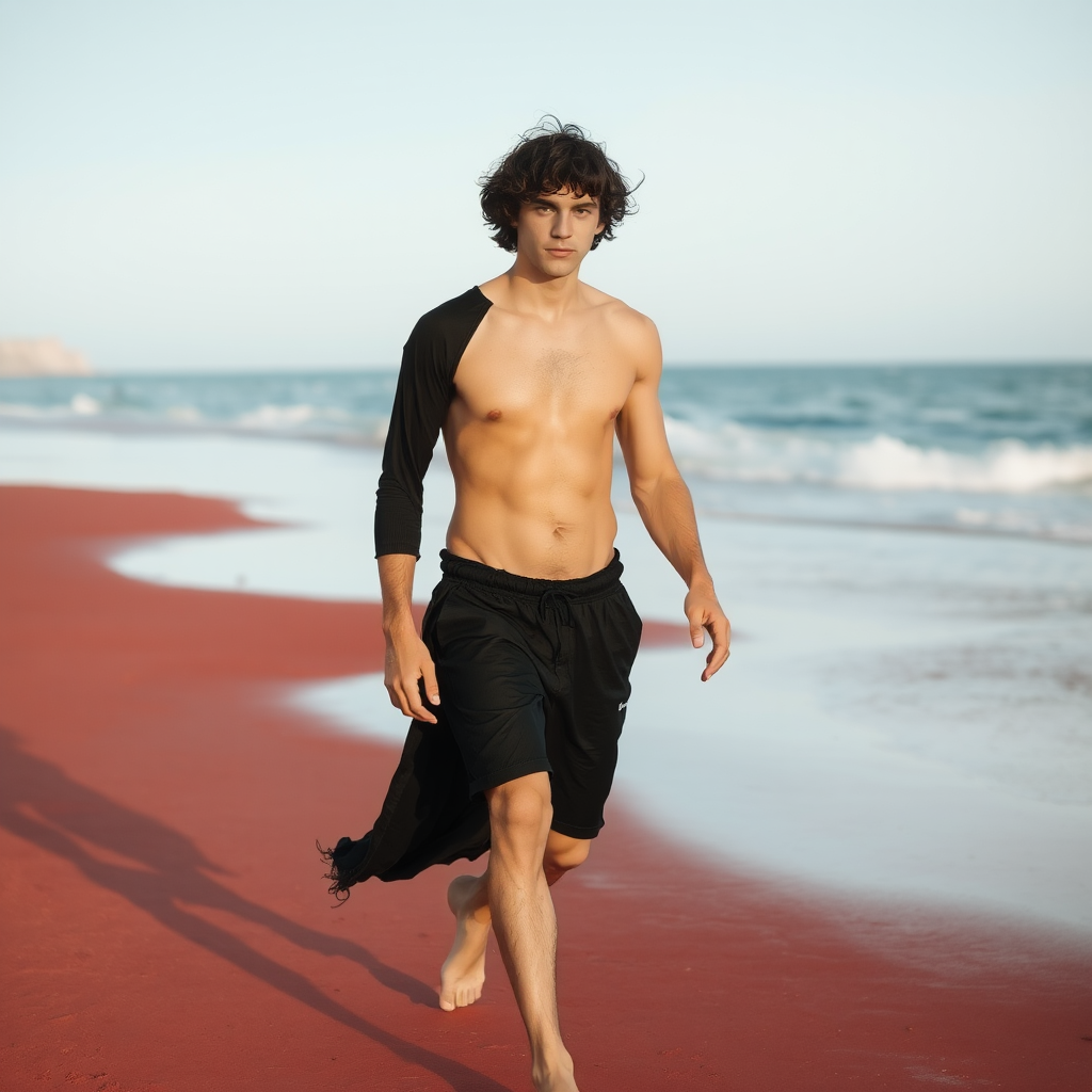 A man in beach clothes with curly hair walking on red sand.