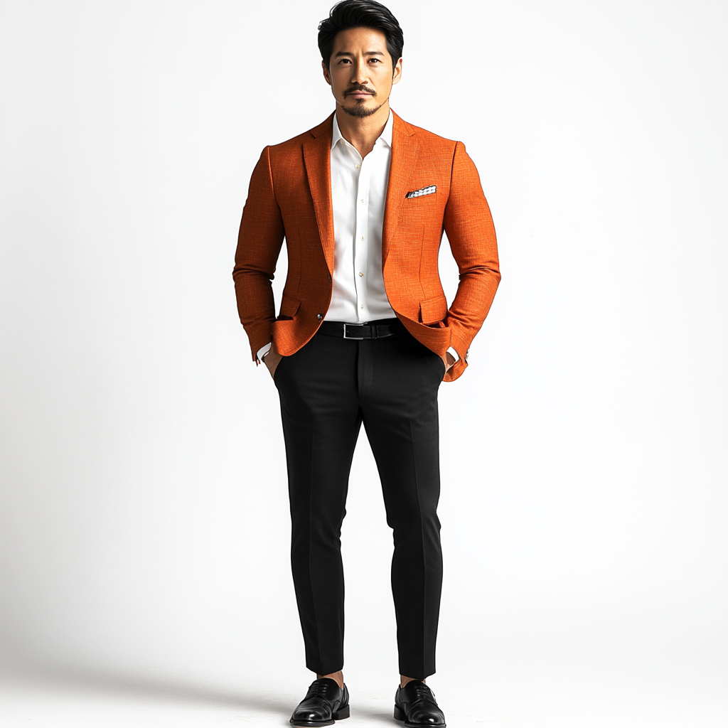 A man in burnt orange blazer and black pants