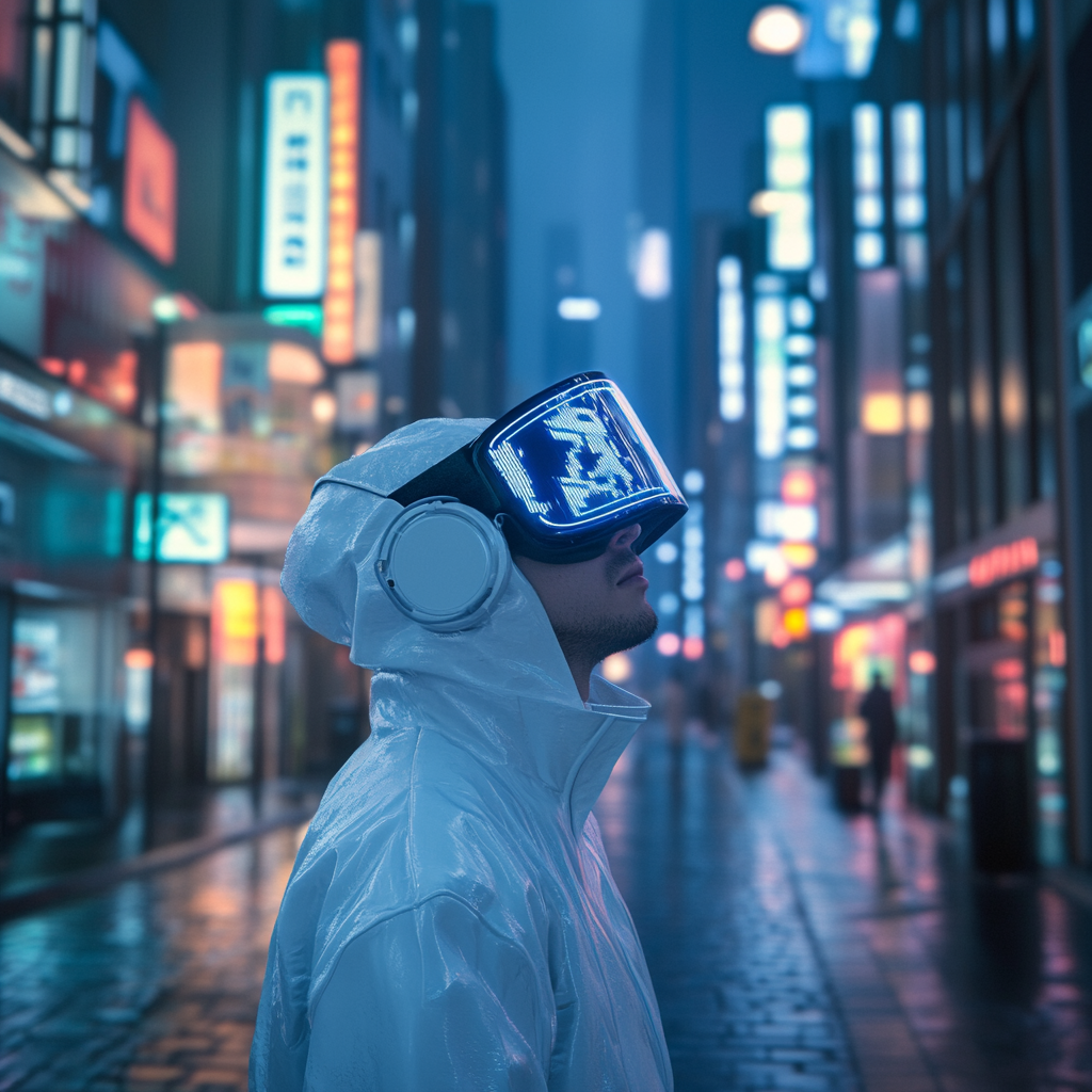 A man in futuristic attire gazing up.