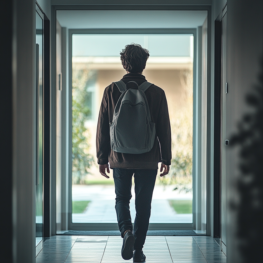 A man in modern clothes heads to work.