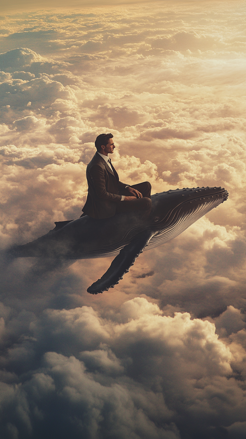 A man in old fashioned suit rides whale