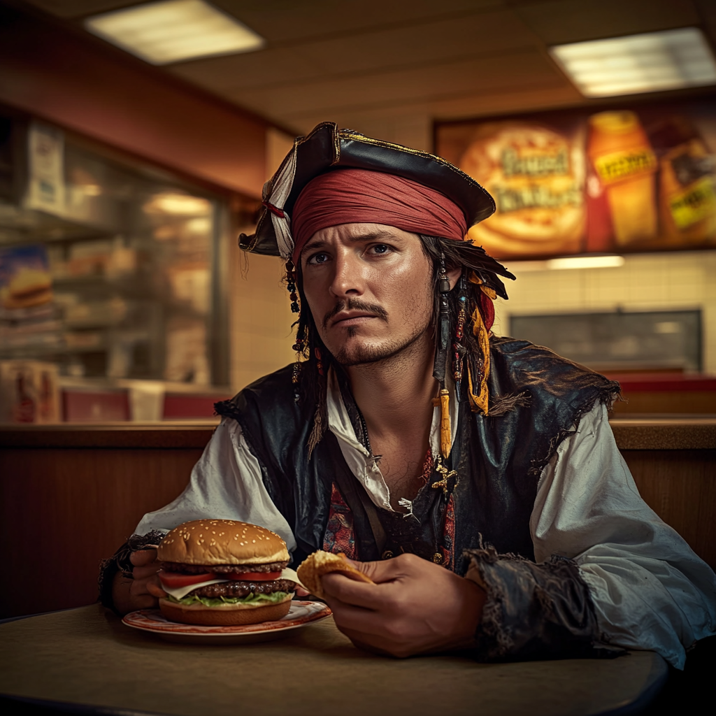 A man in pirate costume eating burger happily